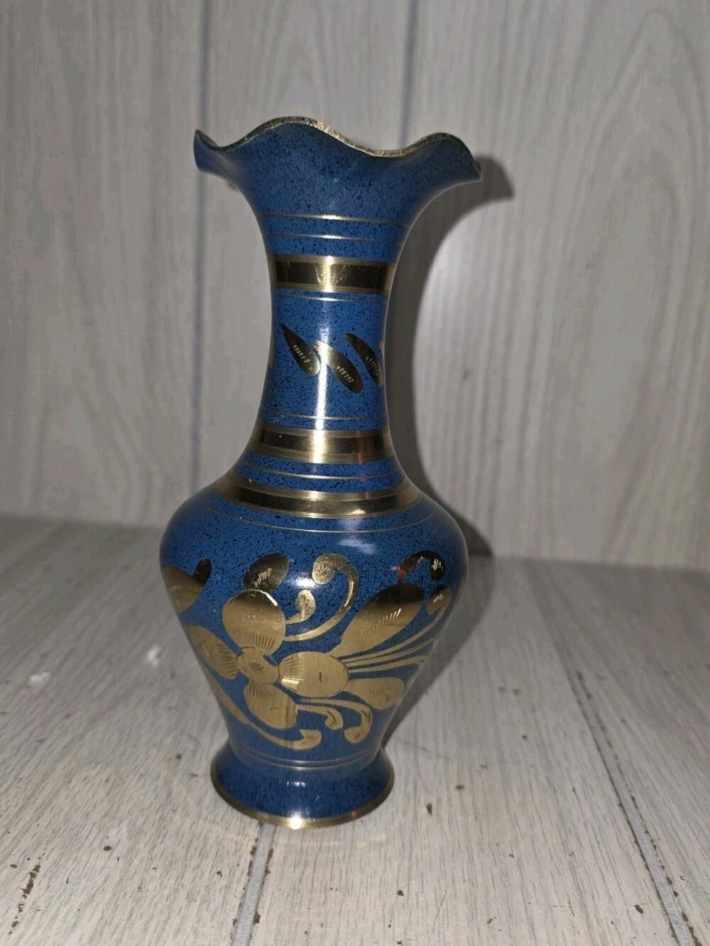 Vintage Cloisonne Blue Enameled Brass Bud Vase Etched Florals Ruffled Opening